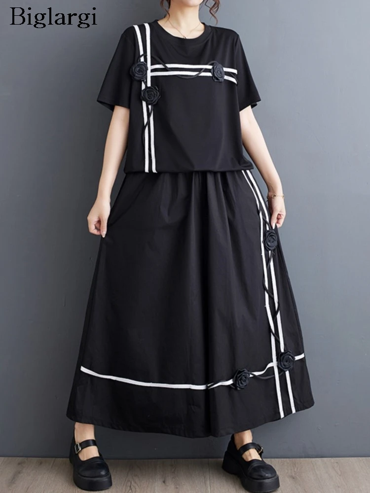 

Летний комплект из двух предметов большого размера с цветочным принтом, женская модная женская полосатая футболка, свободные женские широкие брюки