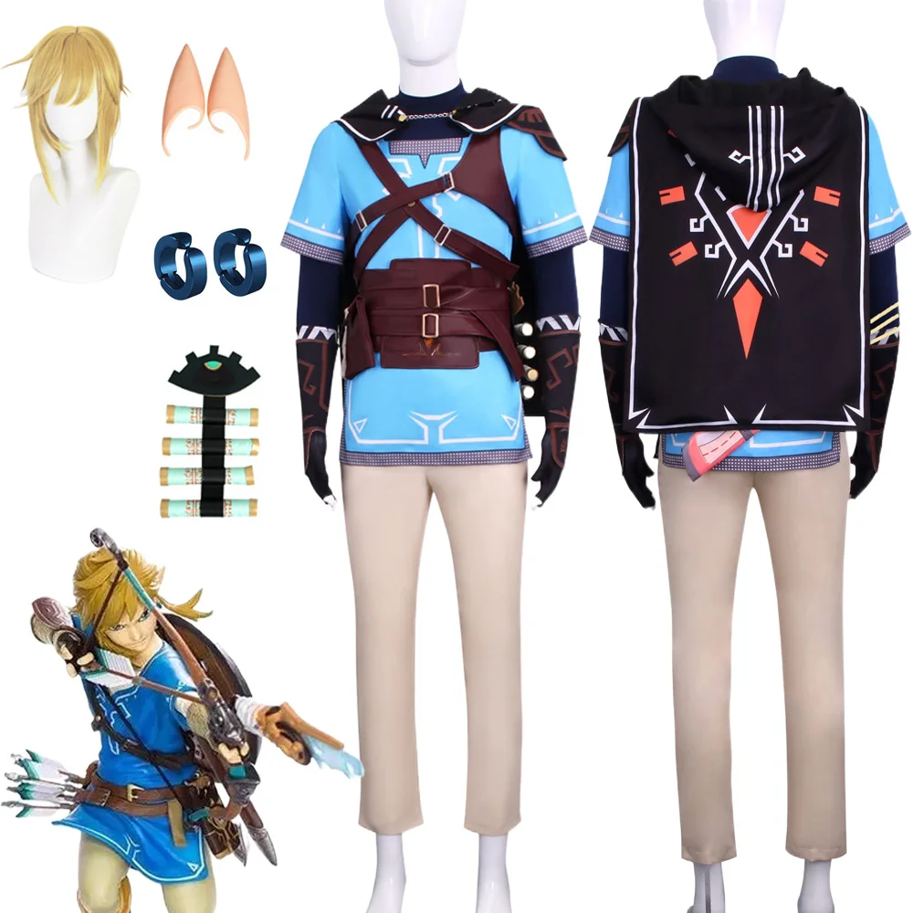 

Легенда Слезы Королевства Link Косплей Костюм Зельда Косплей Парик Синяя Туника Плащ Аксессуары Наборы Для Хэллоуина