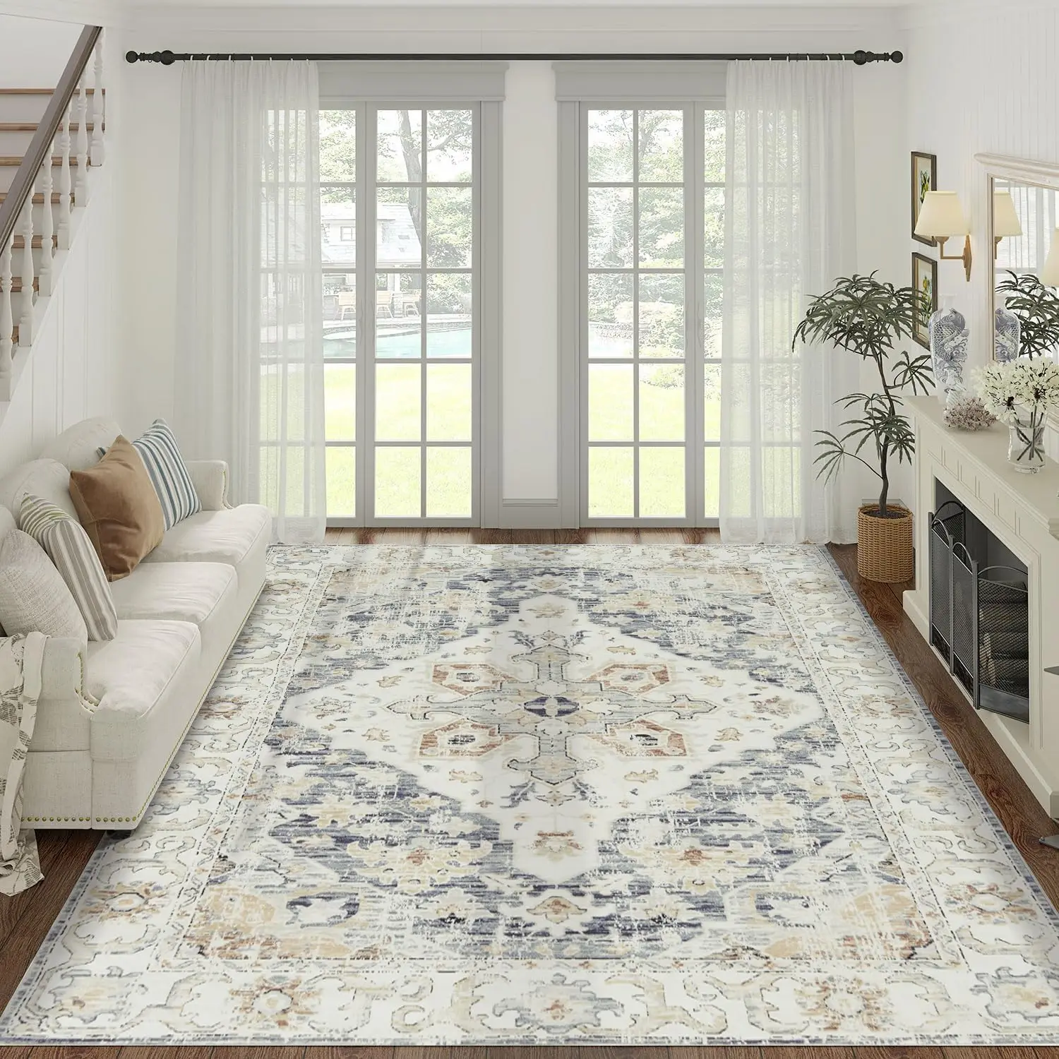 Jinchan Area 9X12 Washable Indoor Soft Vintage Indoor Grey Taupe Multi Retro Distressed Carpet Accent Non