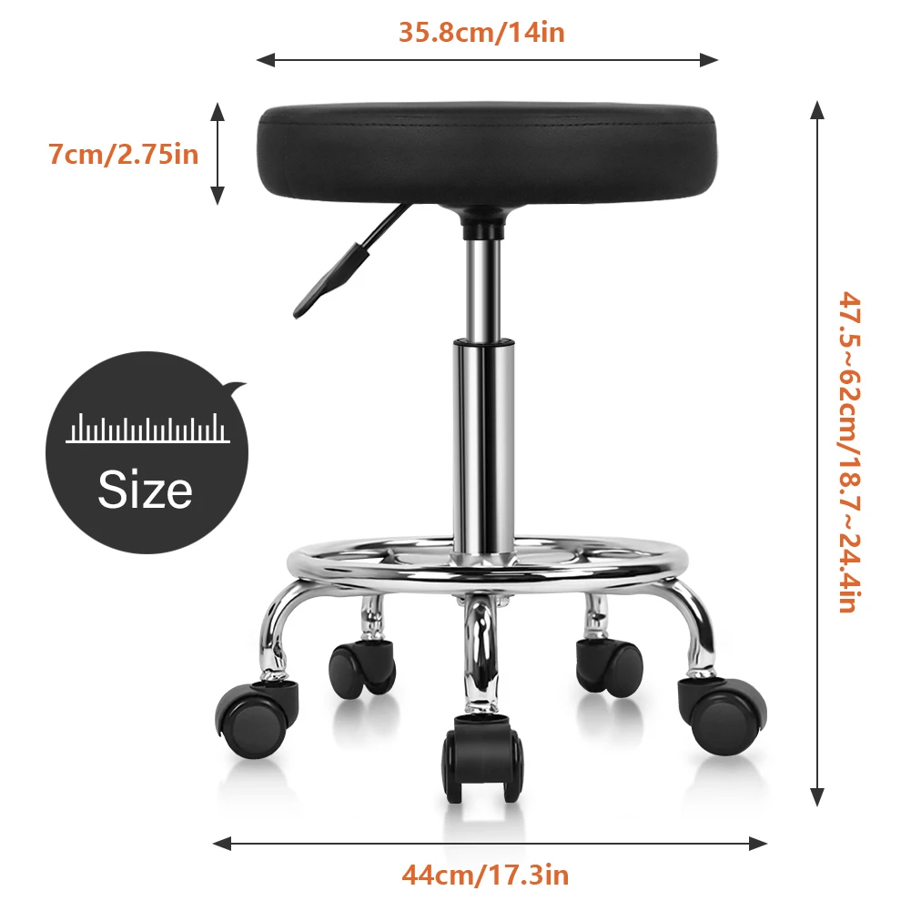 KKTONER PU Leather Round Rolling Stool with Foot Rest Swivel Height Adjustment Spa Drafting Salon Tattoo Work Office Stools