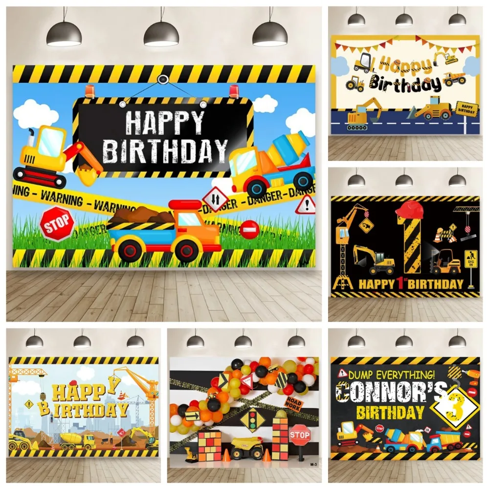

Excavator Truck Construction Theme Banner Background, Children's and Boys' Birthday Party Home Decoration Photography Background