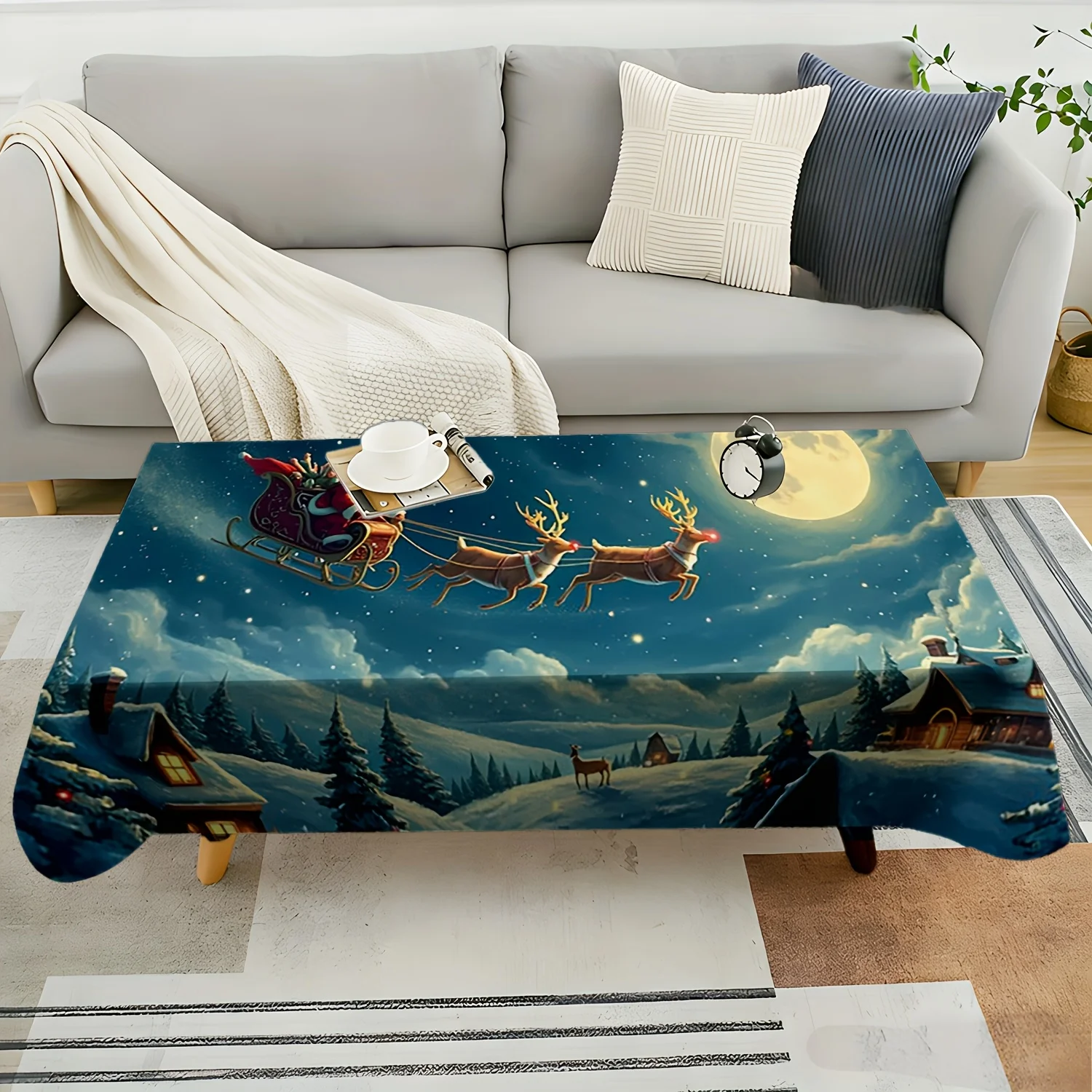 1pc 2D Flat Tablecloth, Santa Reindeer Sleigh Moonlit Snowy Christmas Town Printed Rectangle Tablecloth, Decor for Dining Table