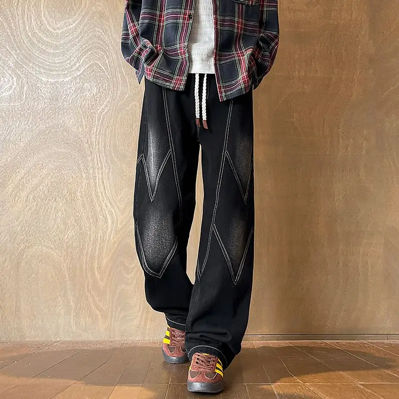 

Men's Washed Jeans, Straight Leg Wide Leg Pants, Distressed Oversized Spring And Autumn Style, Loose Layered Casual Pants