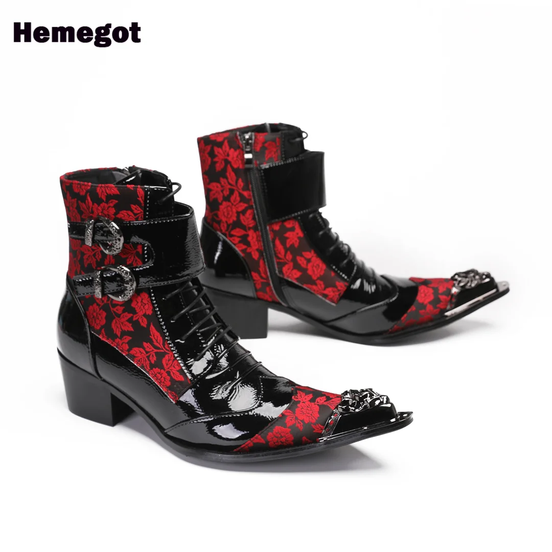 

Red Flower Prints Men's Boots Black Patent Leather Buckle Straps Stylish Side Zipper Men Boots Size 37-47 Botas Zapatillas Mujer