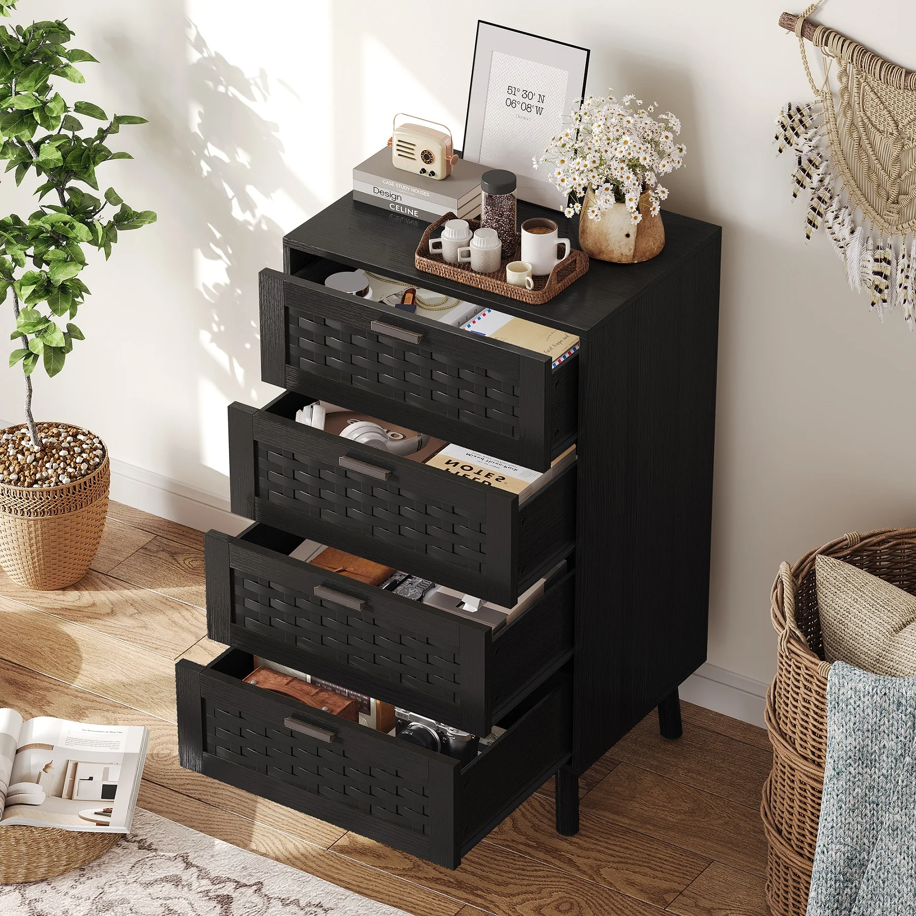 Rosahqnda Holzkommode, Retro-Rattan-Aufbewahrungsschrank mit Massivholzbeinen, Schubladenschrank, Sideboard für Wohnzimmer und Schlafzimmer, Schwarz/Braun