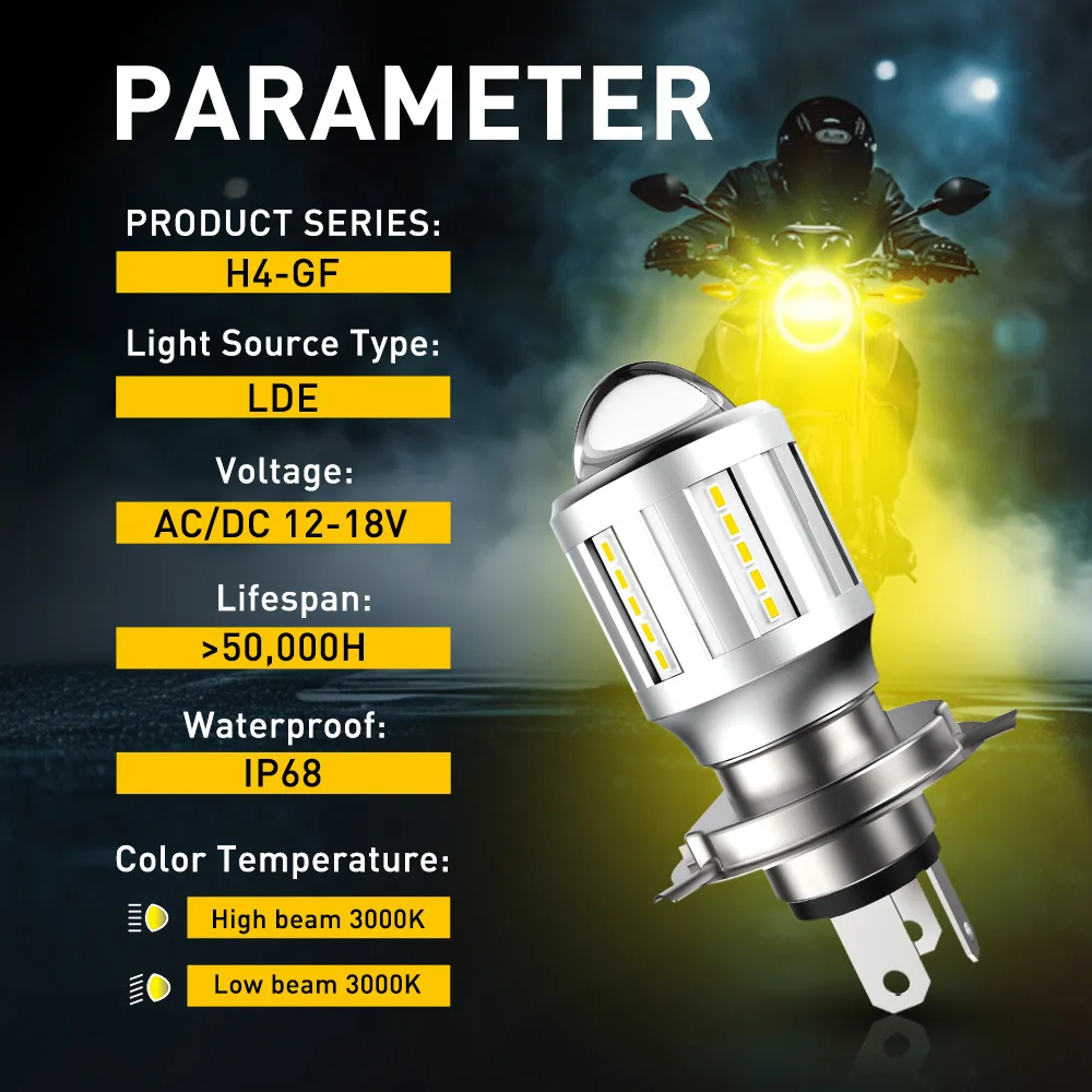 1Pc AUXITO Projector Lens H4 LED 3000K Yellow Motorcycle Headlight Driving Lamp High Low Beam For Moto Motorbike H4 HB2 Bulb 12V