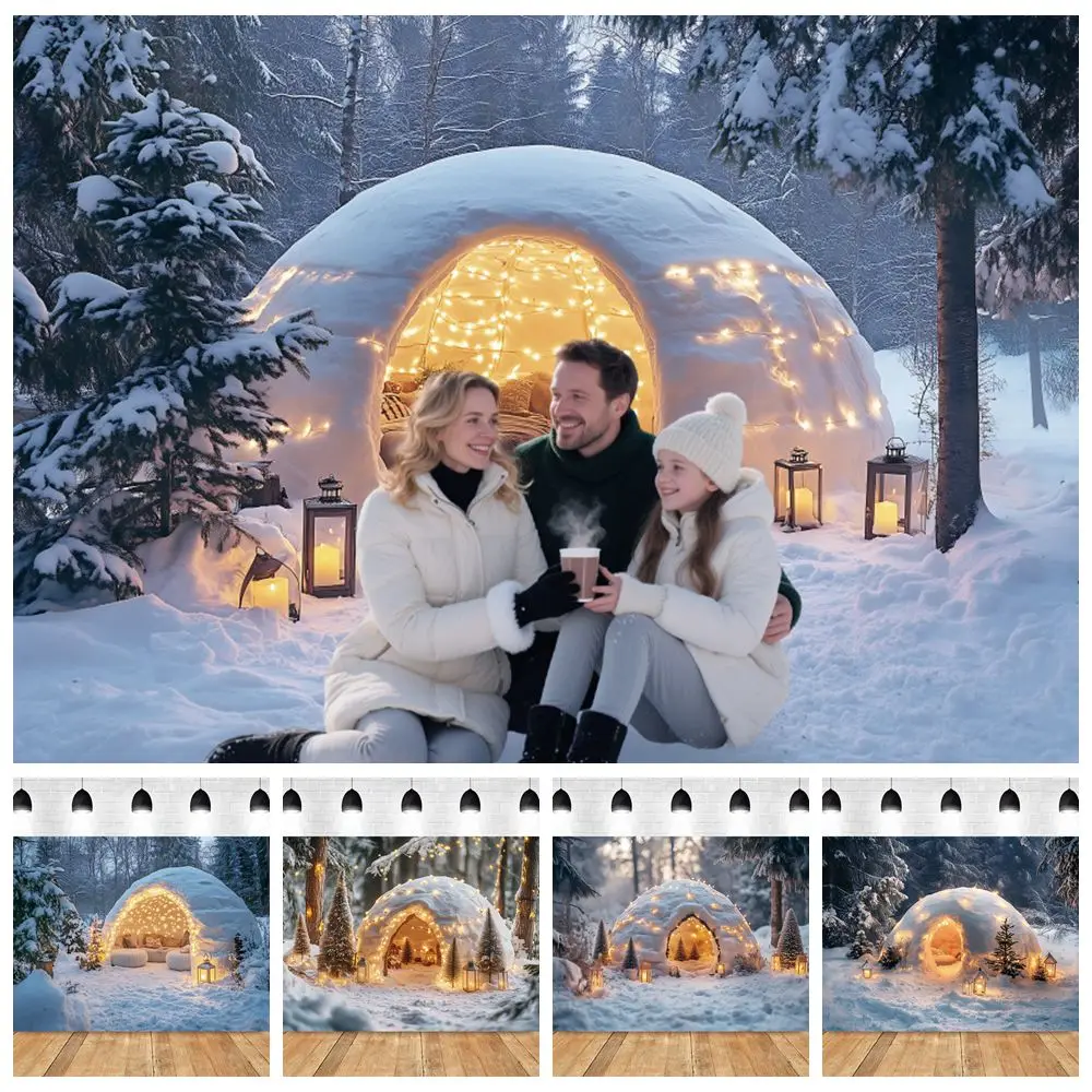 Winter Snow Forest Camping Scene Backdrop for Photography Tent Pine Trees Holiday Baby Kids Family Portrait Photocall Background