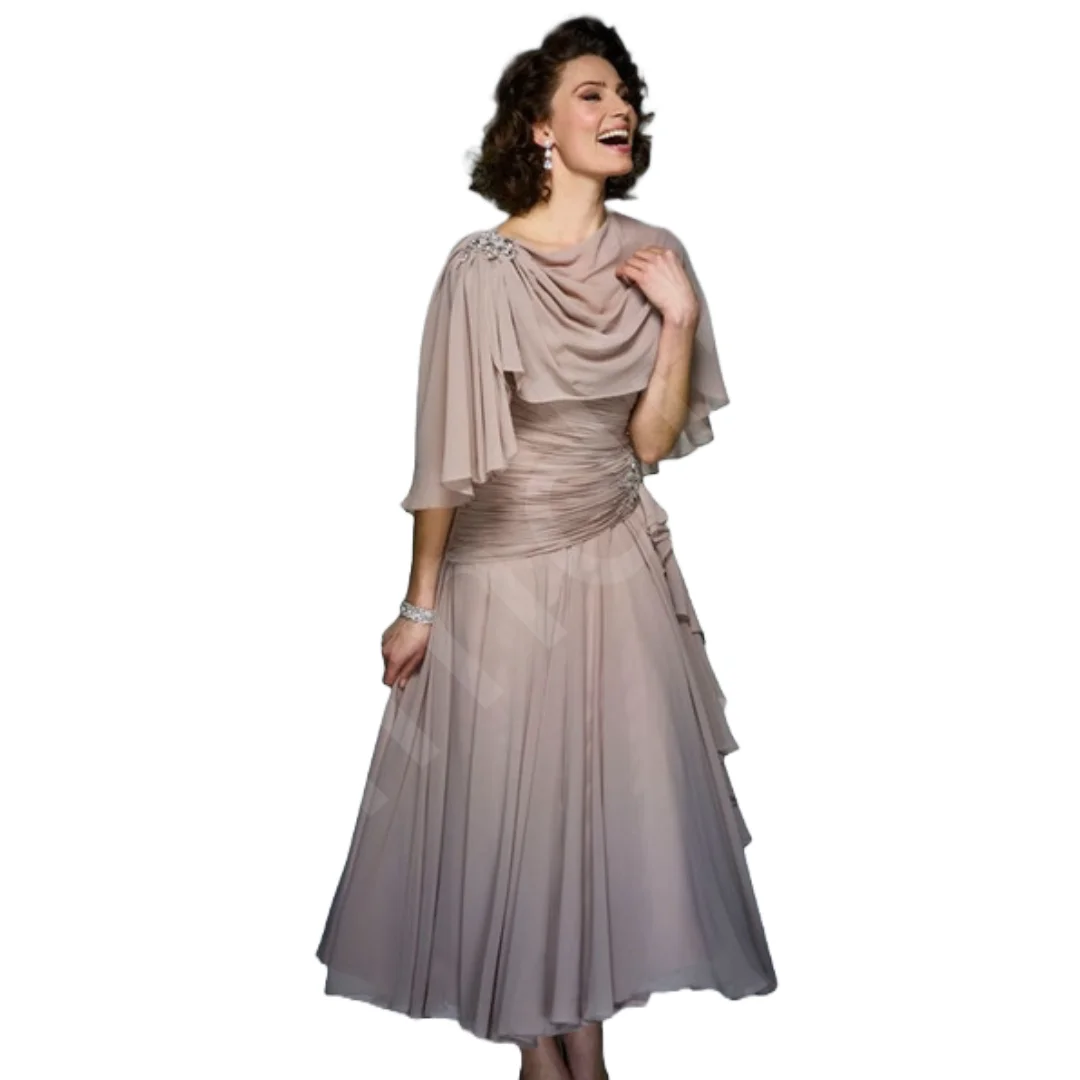 Customized Mother Of The Bride Dresses with Jacket Cape Vintage Chiffon Pleat Midi A-Line Taupe Women Formal Wedding Party Guest