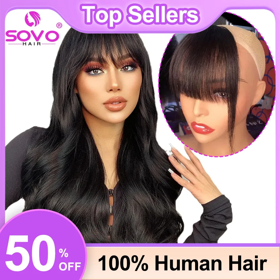 SOVO Human Hair Bangs 3 clips in Straight European Remy Natural Human Hair Fringe Blonde Brown Color 8 inch 20g Front Bang