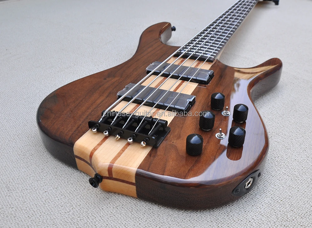Flyoung Brown 5 Strings Electric Bass Guitar Professional Bass Guitar Neck Through Walnut Wood Bass