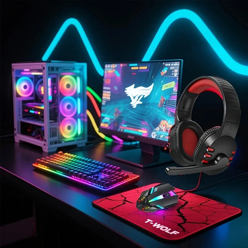2026 4-In-1 Wired Gaming Keyboard Mouse Mouse Pad Gaming Headset LED Backlit Headset with a Microphone for Esports Gaming Office