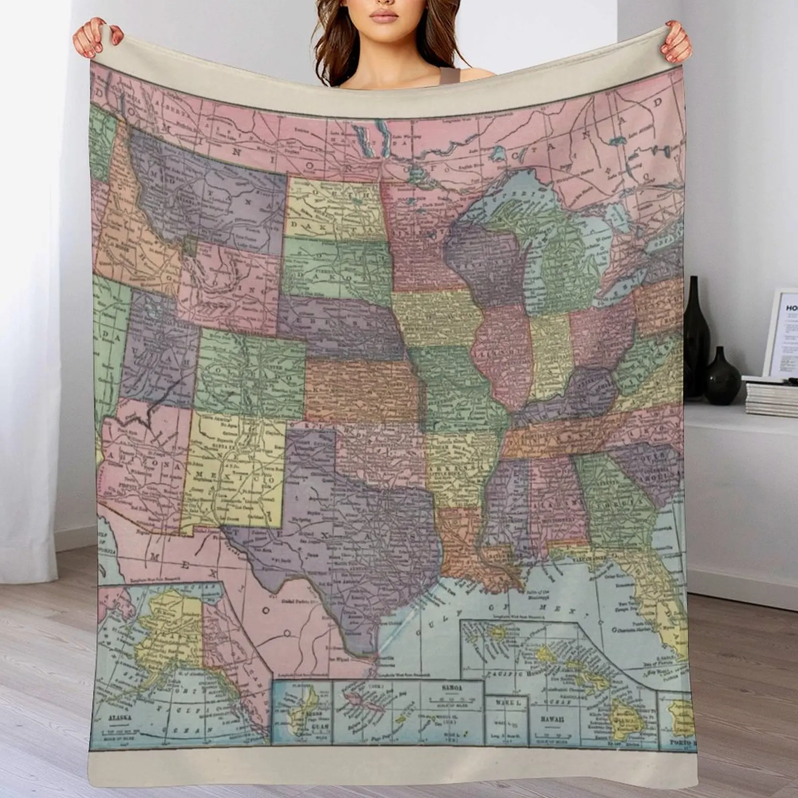 

Old United States Map (1925) Vintage USA Atlas Throw Blanket Luxury Fashion Sofas Bed Fashionable Sofa Blankets