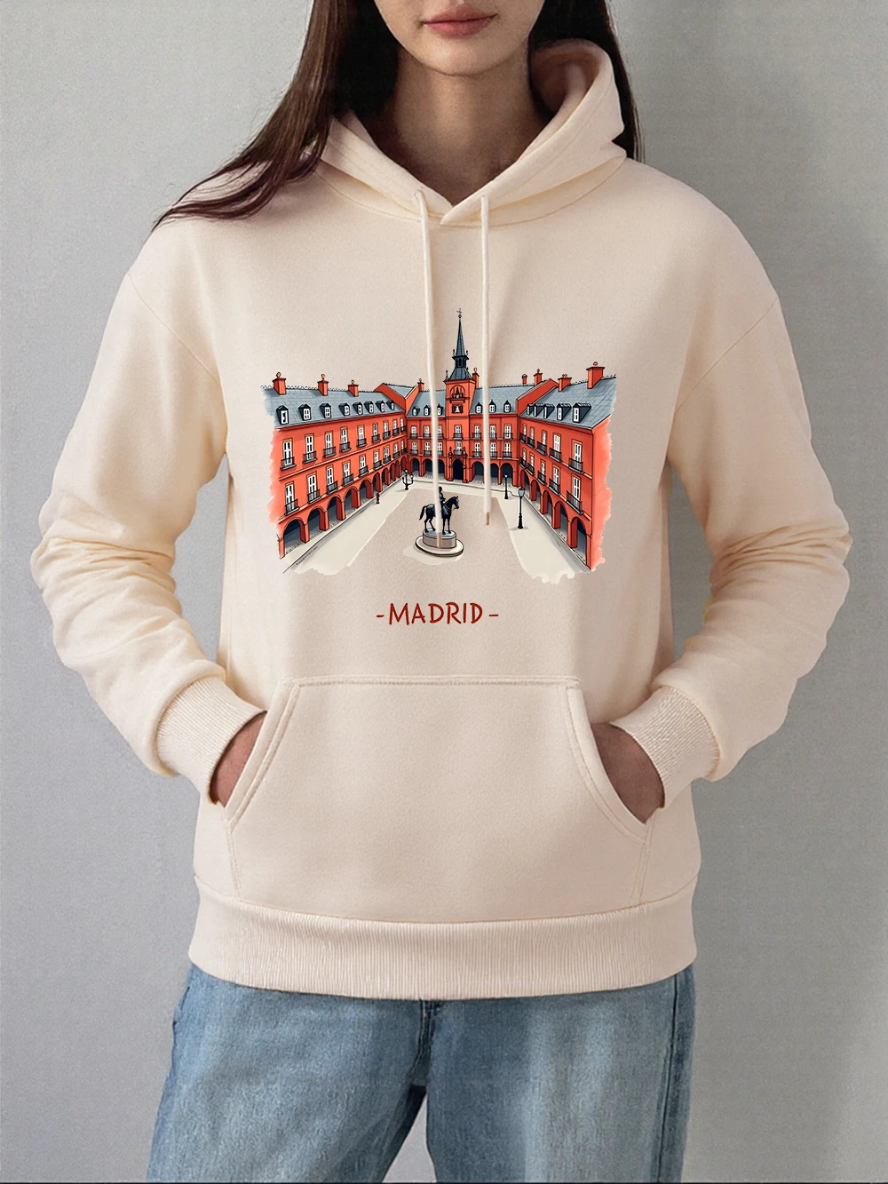 Madrid Plaza Mayor Printing Hoodies Womens Autumn Fleece Warm Sweatshirts Basics Pocket Pullover Casual Loose Womans Clothes
