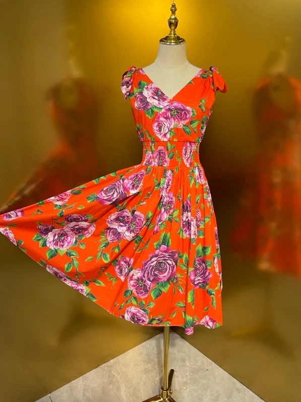 Saia Godê de Algodão Vermelha com Laço Floral na Ombro de Alta Qualidade