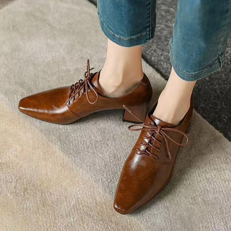 

Женская кожаная обувь на высоком каблуке с острым носком, модная обувь на массивном каблуке со шнуровкой, зимние ботильоны 2025 года, новые туфли-лодочки, платье Mujer De Botas