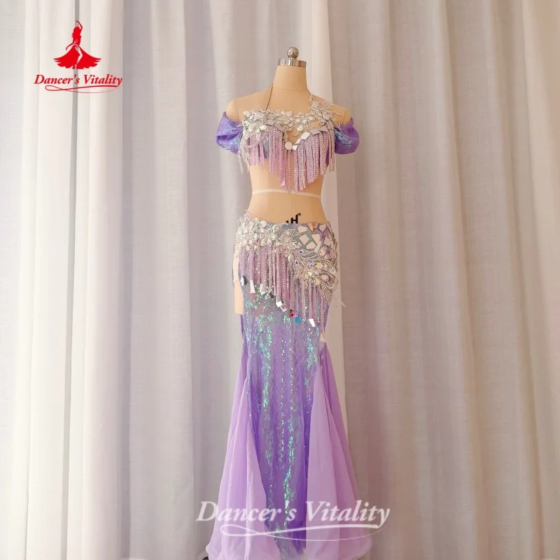 Ropa de Danza del Vientre Personalizada, Conjunto de Sujetador con Pedrería AB y Falda de Cola de Pez Sexy, Traje de Competición de Danza Oriental, Vitalidad de la Bailarina