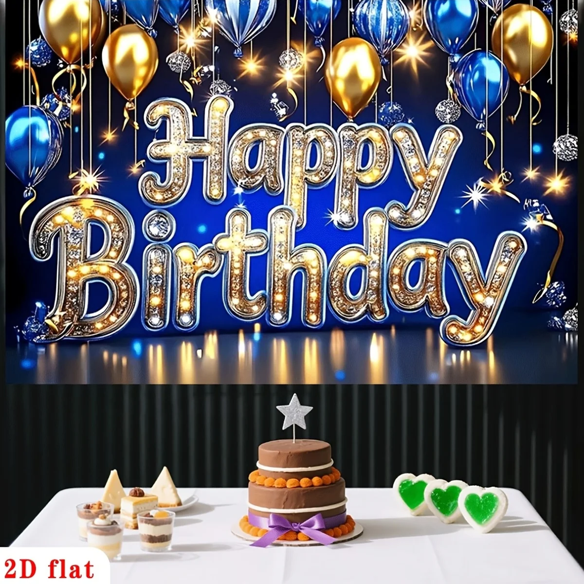 Blue Gold Happy Birthday Balloon Diamond Text 2D Flat Tapestry Backdrop For Celebration Party Photo Booth Wall Hanging Art Print