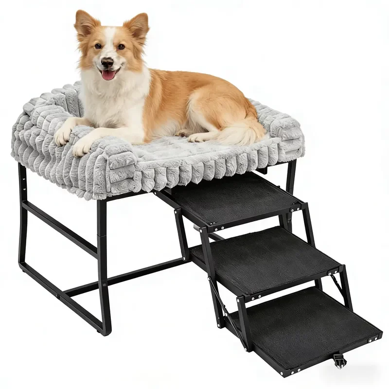 Foldable 2 in 1 Dog Ramp and Elevated Bed with Removable Plush Pads Pet Stairs for Small Dogs Cats Puppies Indoor Outdoor Use