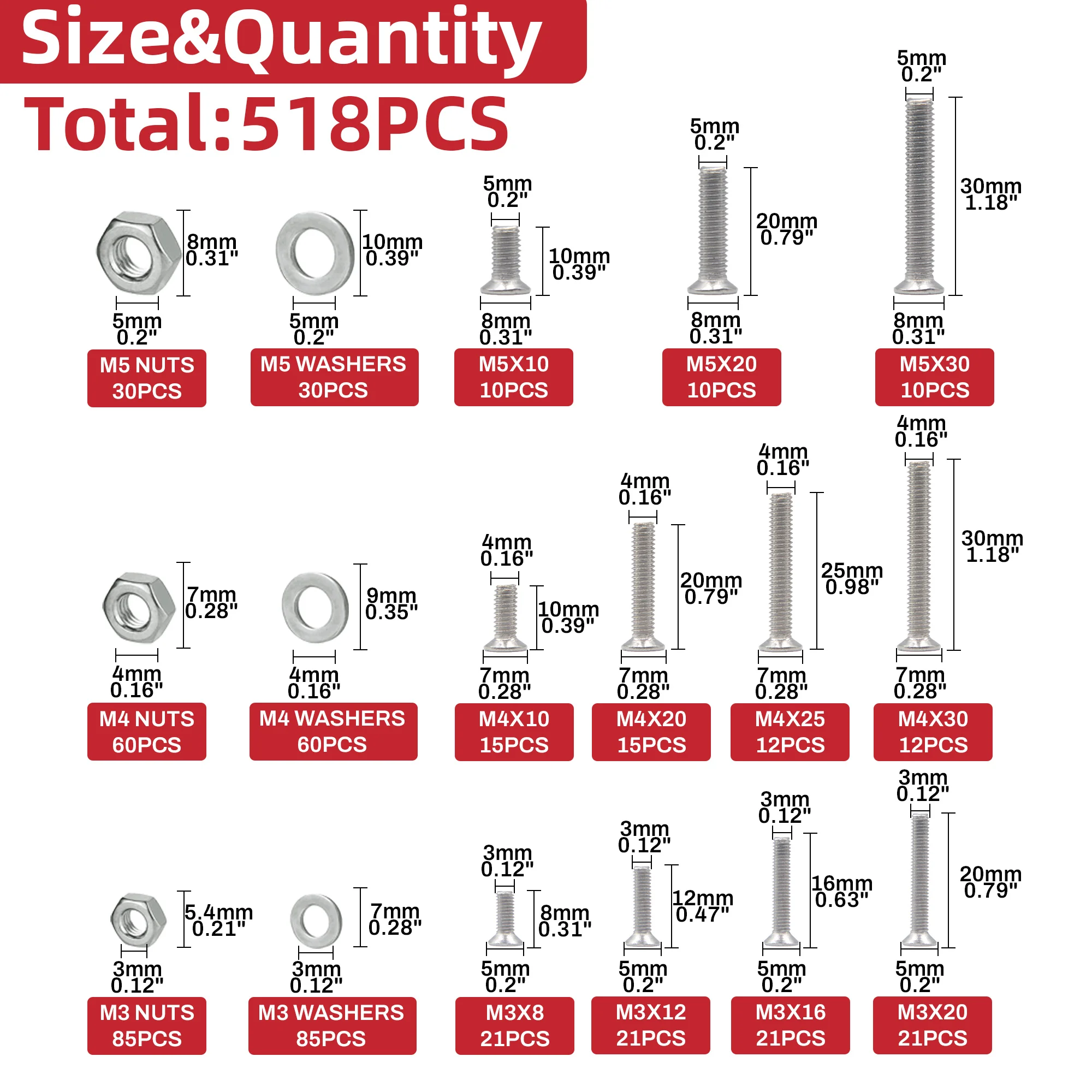 518pcs countersunk Head Screws with Nose Screw Set M3 M4 M5 Screw & nut 304 Stainless Steel Cross countersunk Head Screws