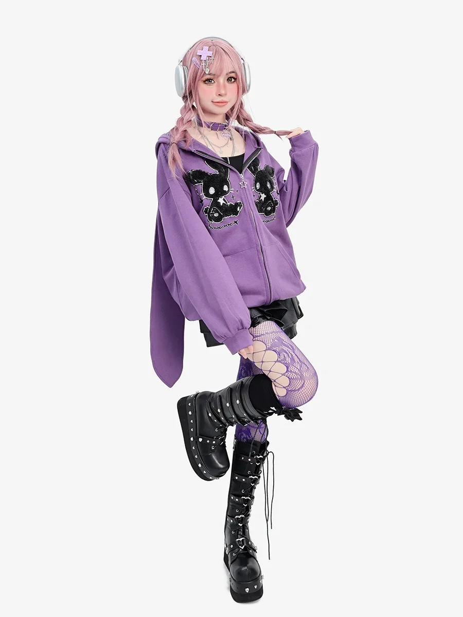 Japanese Sweet Cool Girl Y2K Flocking Hooded Ears Zipper Hoodies Tops Loose Casual Fashion Long Sleeve Sweatshirt Women Autumn