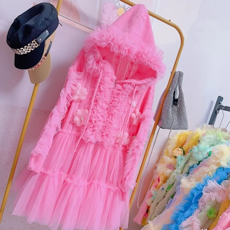 Pink Color Fluffy Women Sexy Mesh Splicing Loose Sweater Knit Cardigan Ruffles Floral Soft Elegant Dress DJ Club Bar Costume