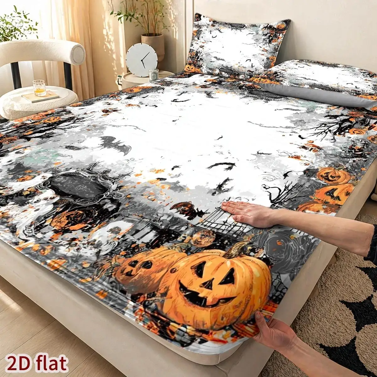 2D Print 3Pcs Hand-Painted Mattress Protector, Mattress Cover, Elastic Fitted Sheet Cover King/Twin Halloween Bed Skim Cover Vintage Design Duvet Cover for Home Decor