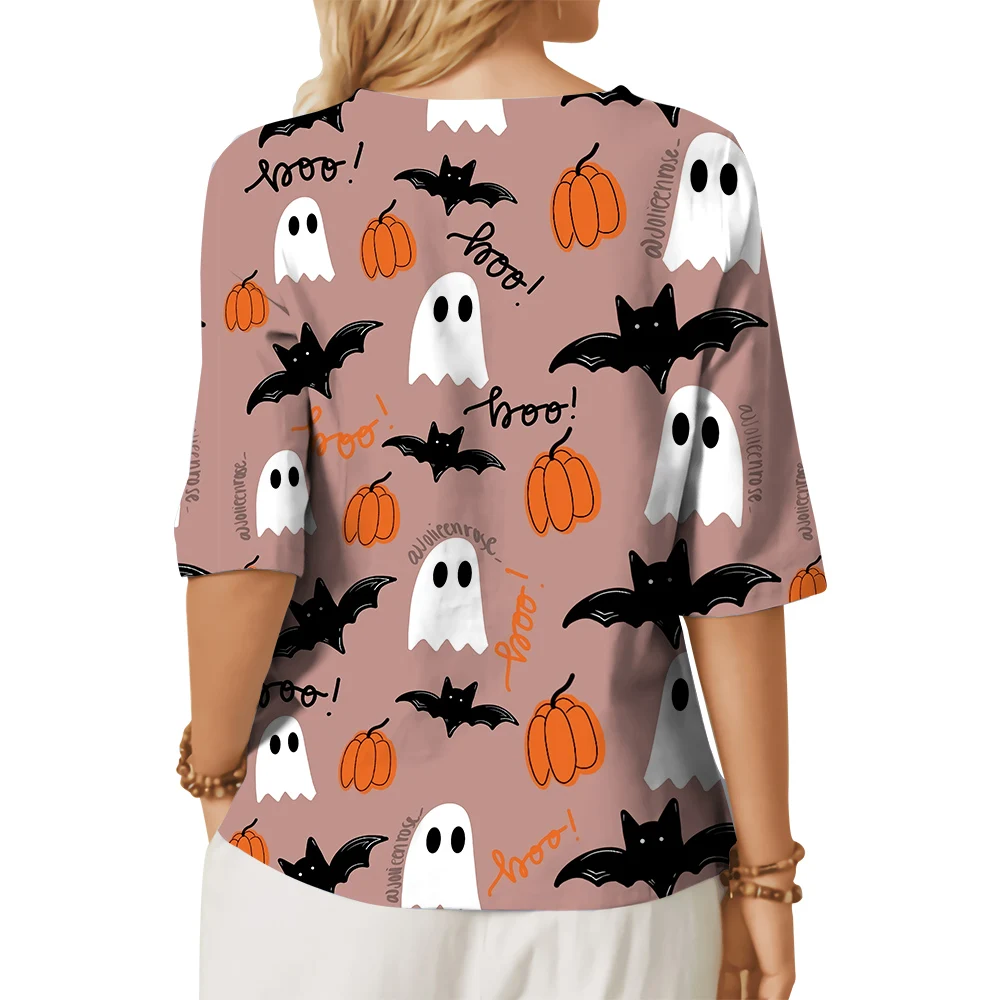 CLOOCL Women T-shirt Little Devil Bat Jack-o-lantern 3D Printed Tops Button Decorate Middle Sleeves Blouses Lady Halloween Gift