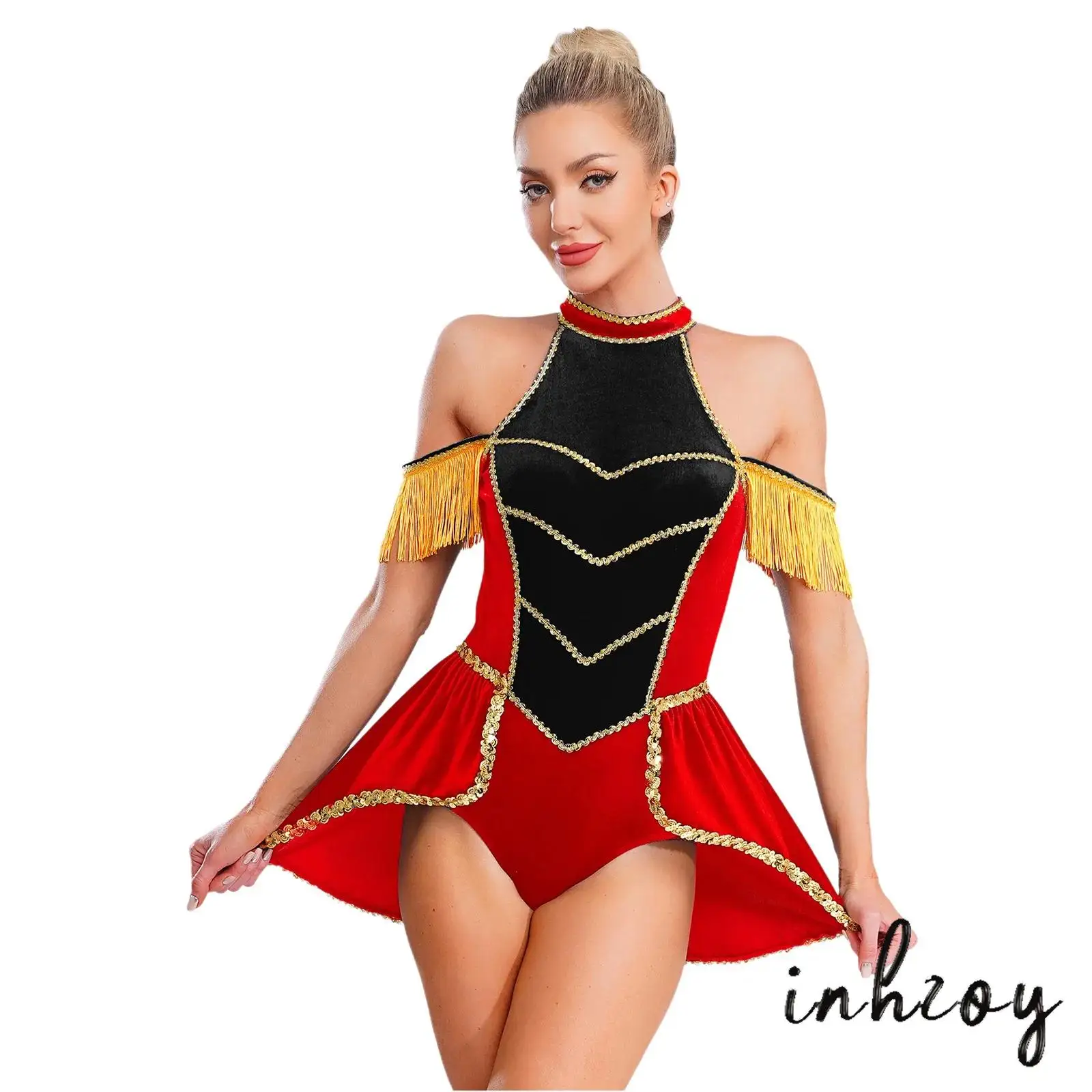

Womens Circus Honor Guard Bodysuit Velvet Tassel Gold Trim Swallowtail One-piece Jumpsuit for Halloween Carnival Party Cosplay