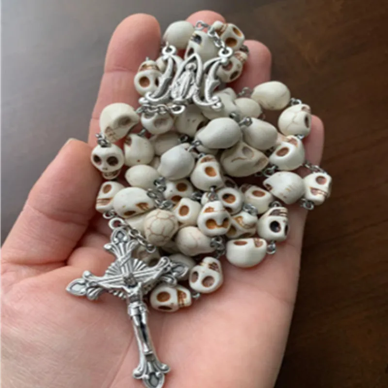 Ivory Howlite Memento Mori Remember Your Death Skull Bead 5 Decade Catholic Rosary