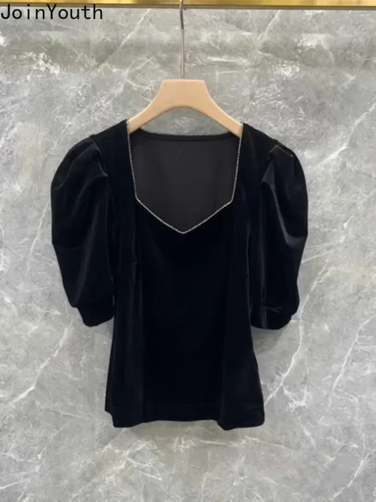 Blusas De Mujer 2023 Temperament Women Crop Tops Square Collar Puff Sleeve Velvet Shirts Diamond Black Tunic Summer Blouses