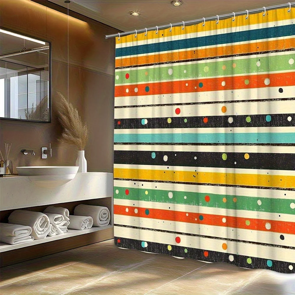 1-PC Vintage Stripe Polka Dot Shower Curtain - Black, Green, Yellow, Orange, with Fun Polka Dots, 12 Hooks, 70X70 Inches,