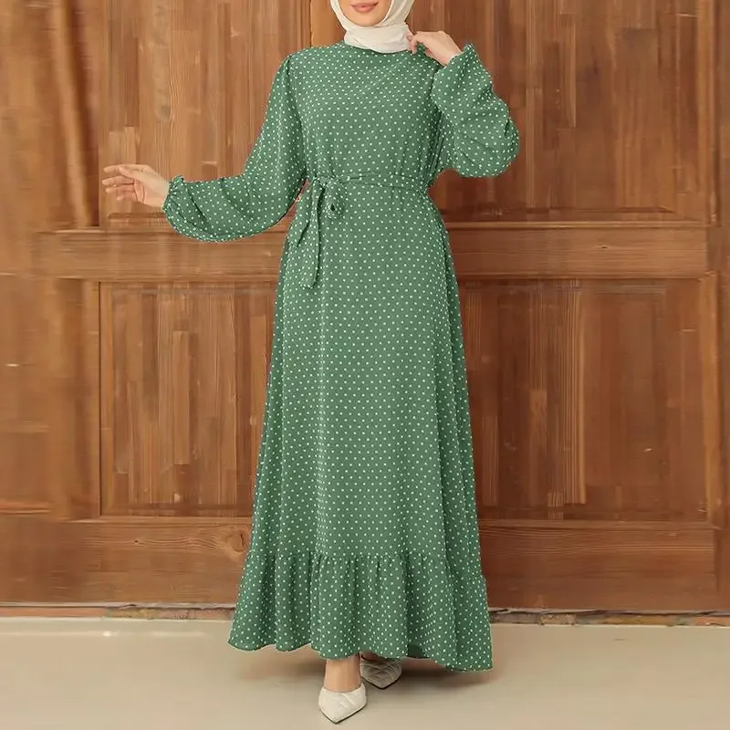 Retro Polka Dot Print Robe for Women, Long Sleeve, Ruffled Hem, Abayas, Ramadan, Female Fashion, 2022