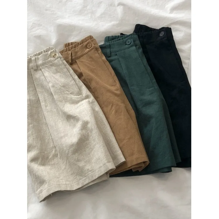 กางเกงผ้าฝ้ายลินินสไตล์ญี่ปุ่นย้อนยุคสำหรับผู้หญิง ฤดูร้อน เอวสูง ไซส์เล็ก ทรงเอ ขากว้าง ลำลอง ความยาวห้าส่วน