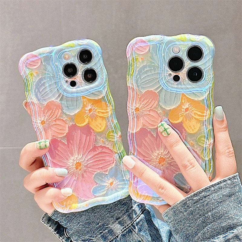 Luxury Fashion Flowers Laser Glitter Phone Case For iPhone 16 Pro Max 15 14 13 12 11 Plus Soft Shockproof Lens protection Cover