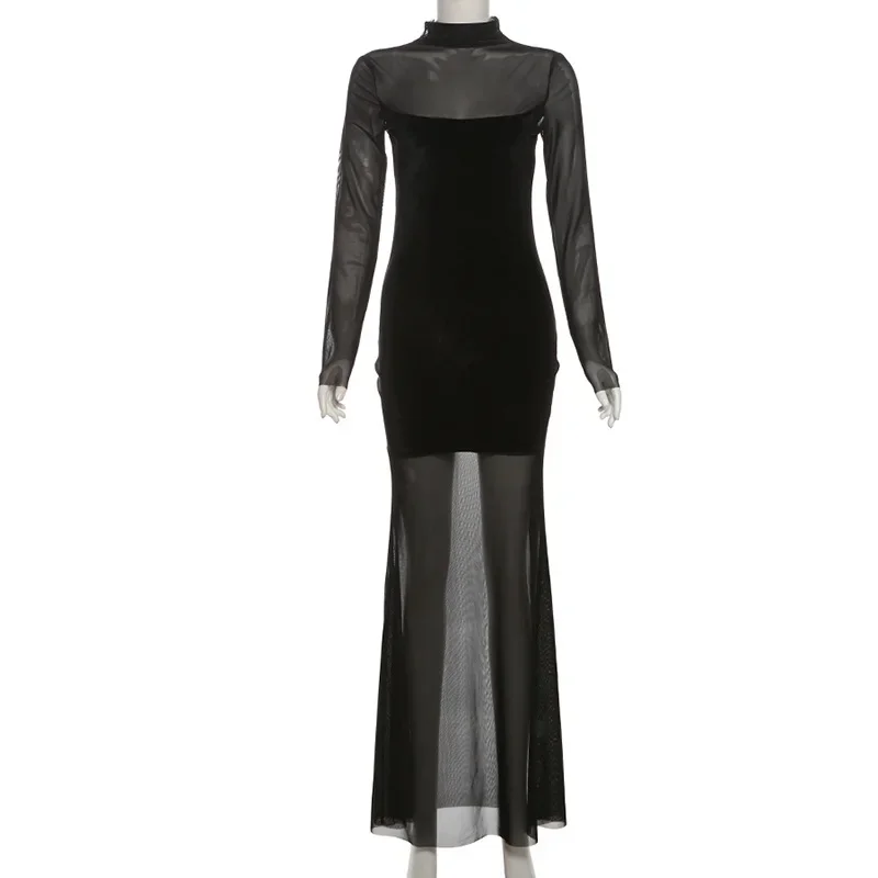 open lace back dress Black Mesh Overlay Long Sleeve Maxi Dress