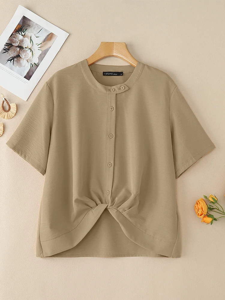 ZANZEA Damska Moda Skręcone Koszule Krótki Rękaw Bluzka 2025 Lato Casual Jednolity Kolor Tuniki Guziki Eleganckie Bluzki Damskie
