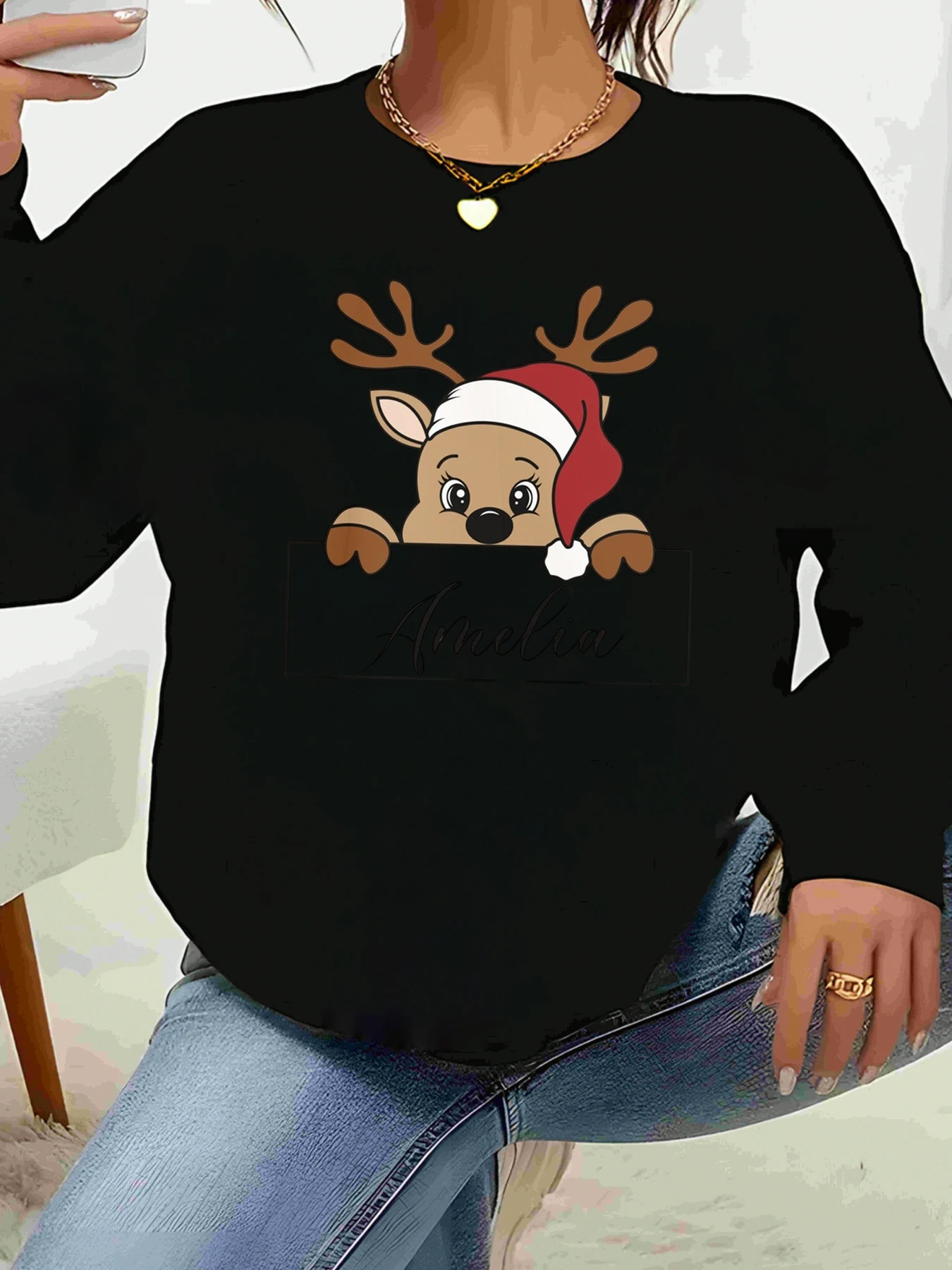 

Reindeer Christmas Print Long Sleeve Sweater Holiday Casual Wear Women's Clothing