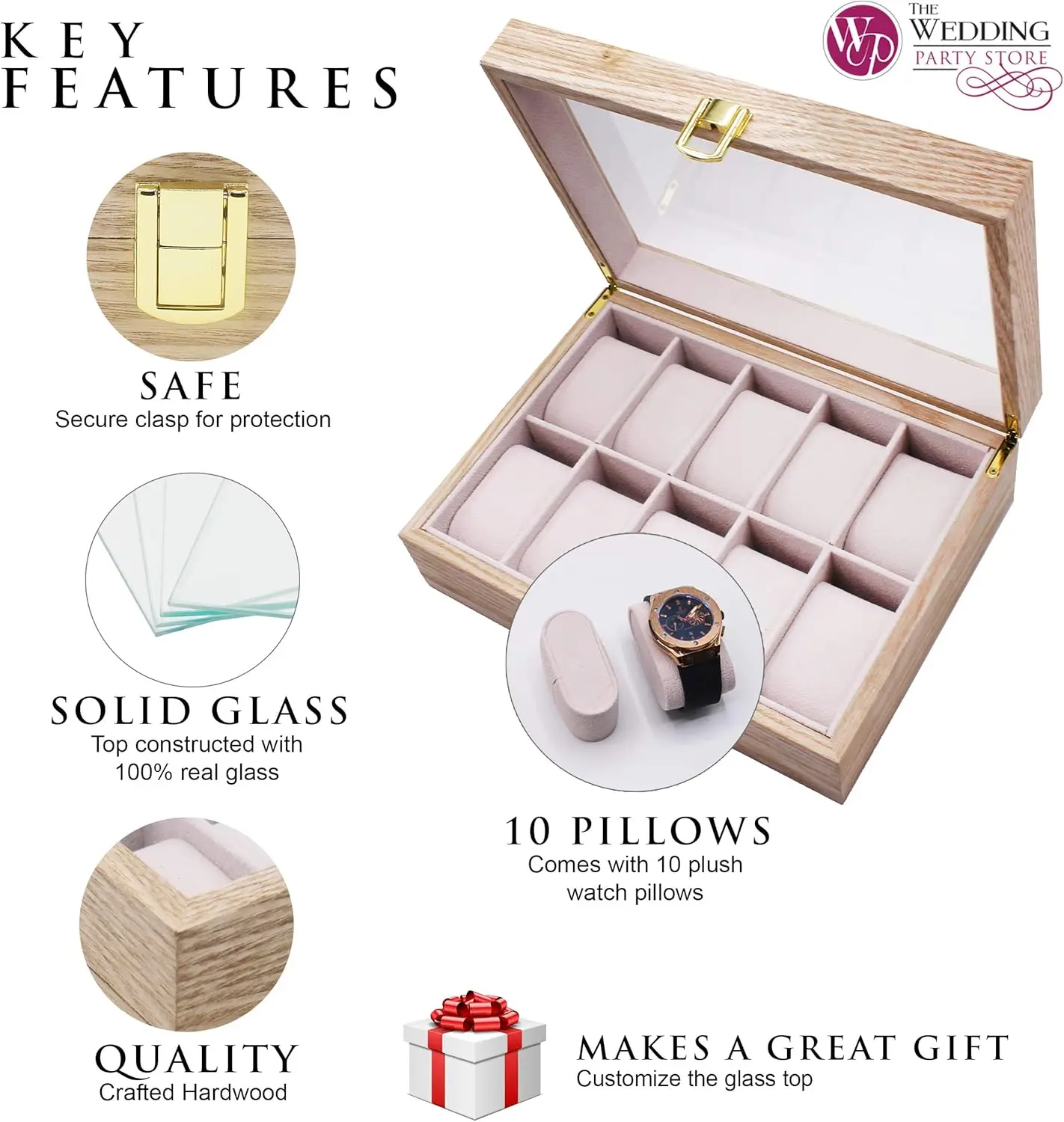 Personalized Engraved Watch Box for Men - Custom Wooden Gift with Glass Top, Holds 10 Watches