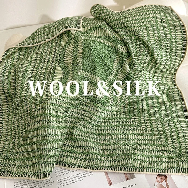 Women Double-sided Silk Wool Square Scarf, Fresh Blue White Geometric Pattern, Dual-use Neckerchief & Shawl, Warm Elegant Wrap