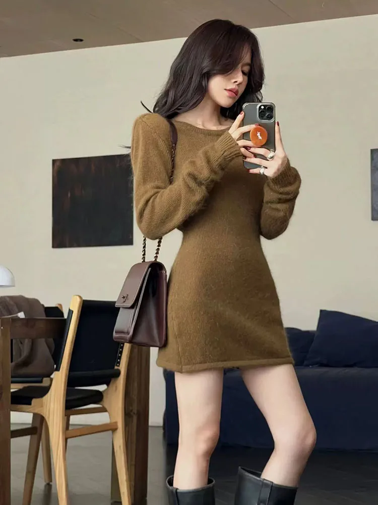 Sexy Backless Knitted Mini Dress Women Y2K Fashion Streetwear Long Sleeve Sweater Dress Korean Elegant All-Match Knit Vestidos