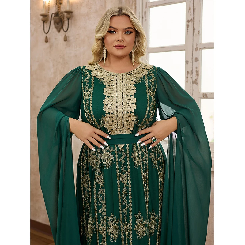 Women 2024 Elegant Muslim Abaya Embroidery Chiffon Islamic Turkey Dubai Kaftan Green Long sleeve Party Maxi Dresses 4XL