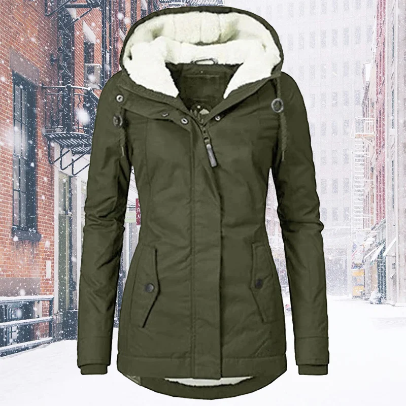 Women's Autumn Winter Coat Warm Solid Plush Thickened Long Jacket Outdoor Hiking Hooded Casual Windproof Parka Coat Overcoat