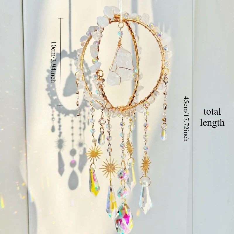 1pcs Rose Quartz Wind Chime Natural Crushed Stone Sun Catcher Hand Wrapped Sphere Craft Rainbow Pendant Gift