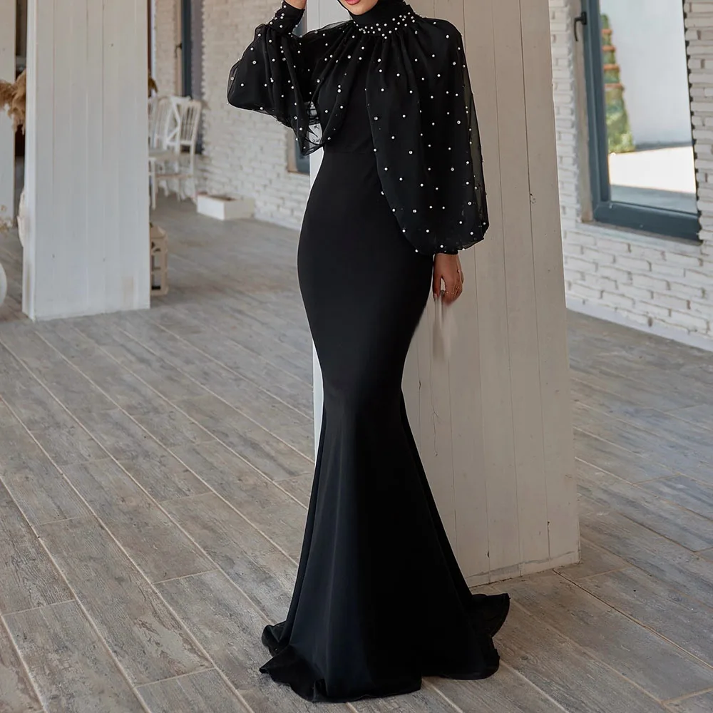 Abiti da ballo a-line personalizzati Abito da sera a maniche lunghe con collo alto al pavimento Abito da festa drappeggiato semplice con perline di cristallo