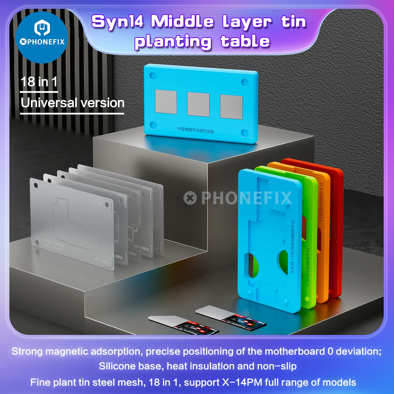 I2C Syn14 RELIFE RL-601T 31 w 1 Uniwersalna Stolik do Lutowania Cyny na Płyty Główne i Środkowe do Naprawy iPhone X-17 Pro Max, Stalowa Siatka