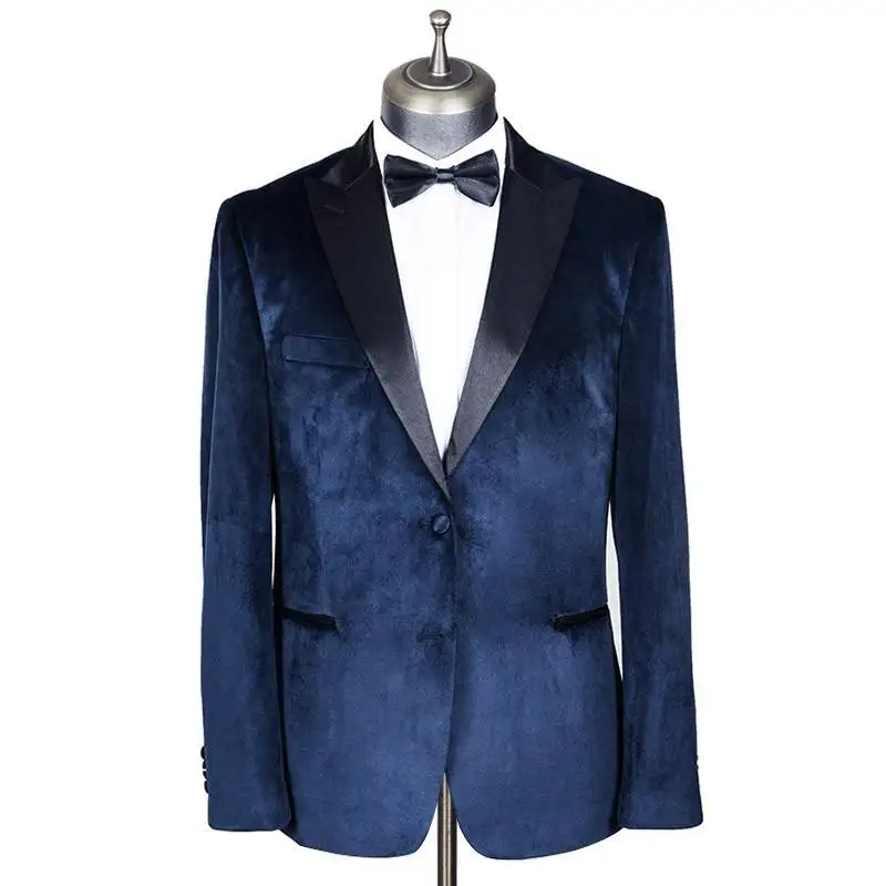 

Velvet Men Suit Tailor-Made One Piece Navy Blazer One Button Black Satin Peaked Lapel Tuxedo Business Wedding Plus Size Tailored