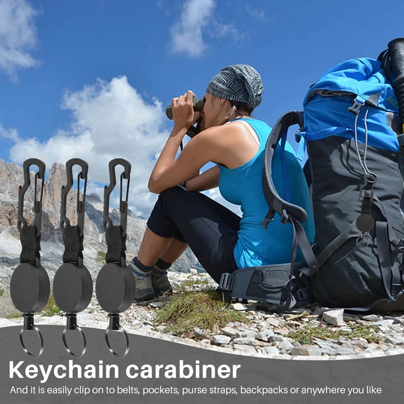 3 Pack Retractable Keychain - Heavy Duty Badge Holder Reel With Multitool Carabiner Clip,Key Ring With Steel Wire Cord Up To 25