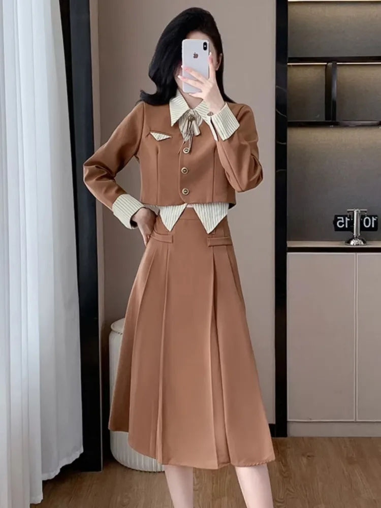 Insozkdg Autumn Winter New Blazer Skirt 2-Piece Set Women High-End Academy Style Korean Outfit Sets Female Office Lady Clothing