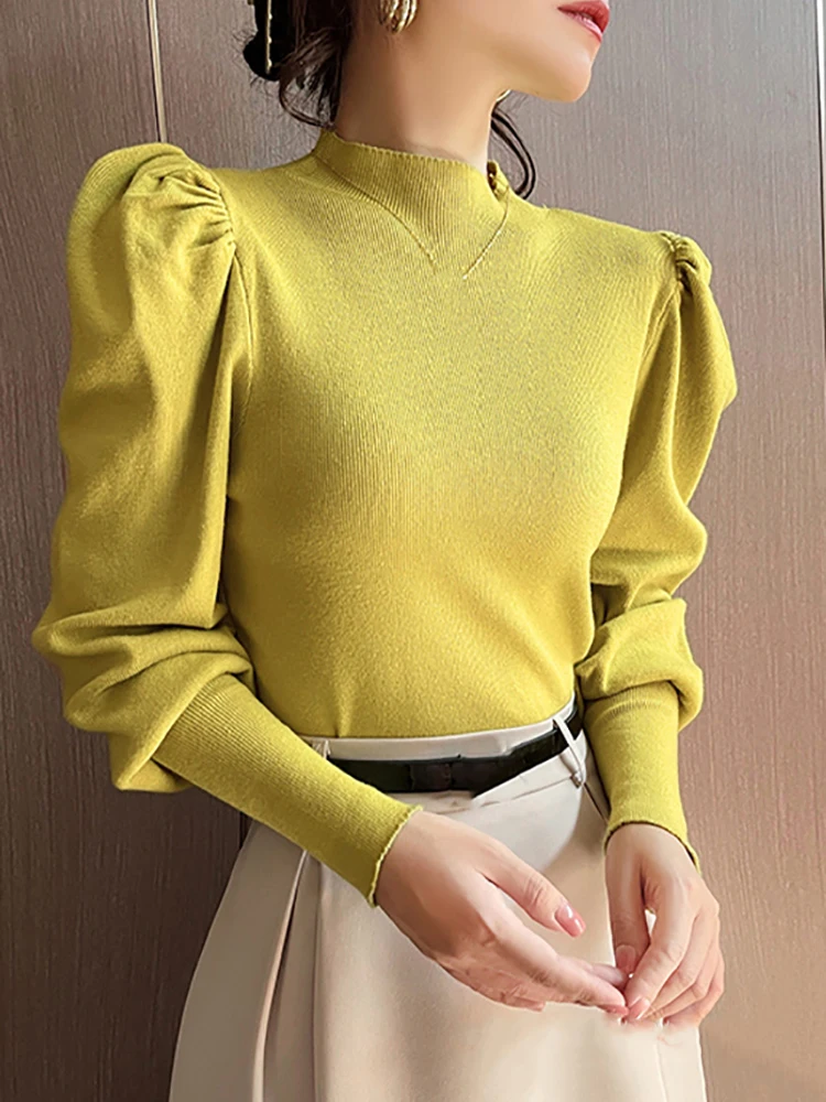 Autumn Winter Sweater Turtleneck Slim Fit Basic Pullovers Fashion Korean Knit Tops Puff Sleeve Womens Sweater Stretch Jumpers