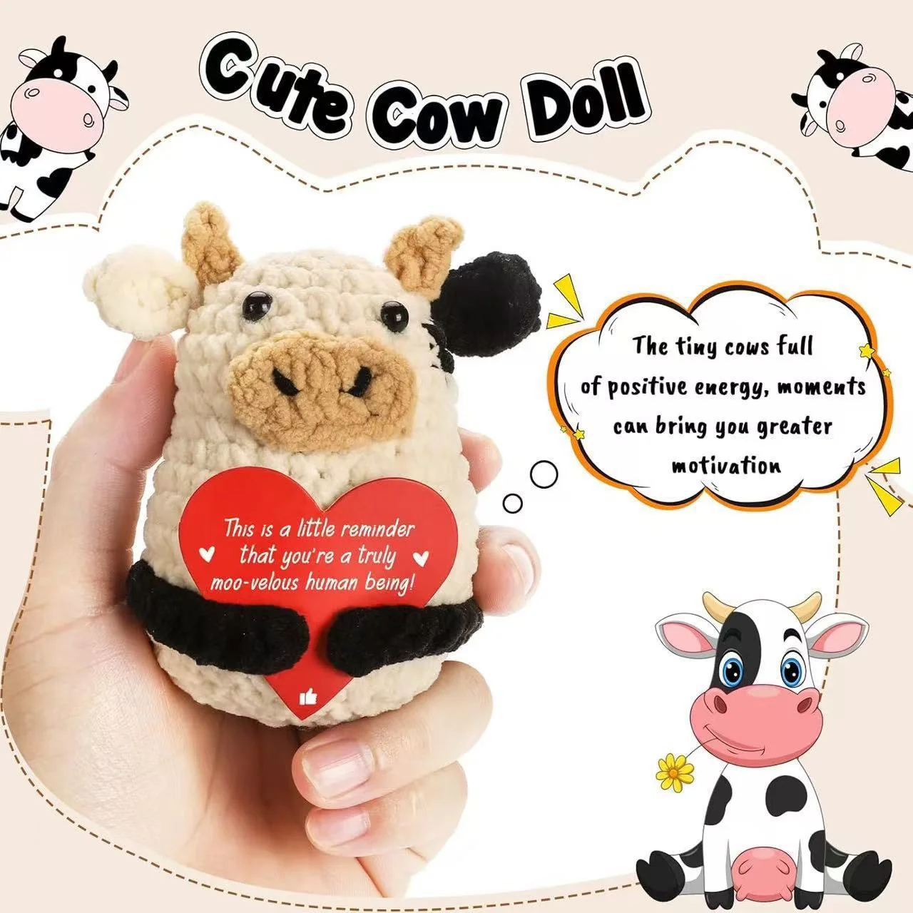 Funny Positive Energy Crochet Cow Doll With Heart Card Handmade Knitted Cow Desktop Ornament Home Room Decoration Christmas Gift